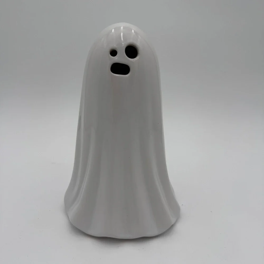 White Ceramic‎ Light Up Ghost Figurine 8.5 Inch Halloween Tabletop Decor EUC